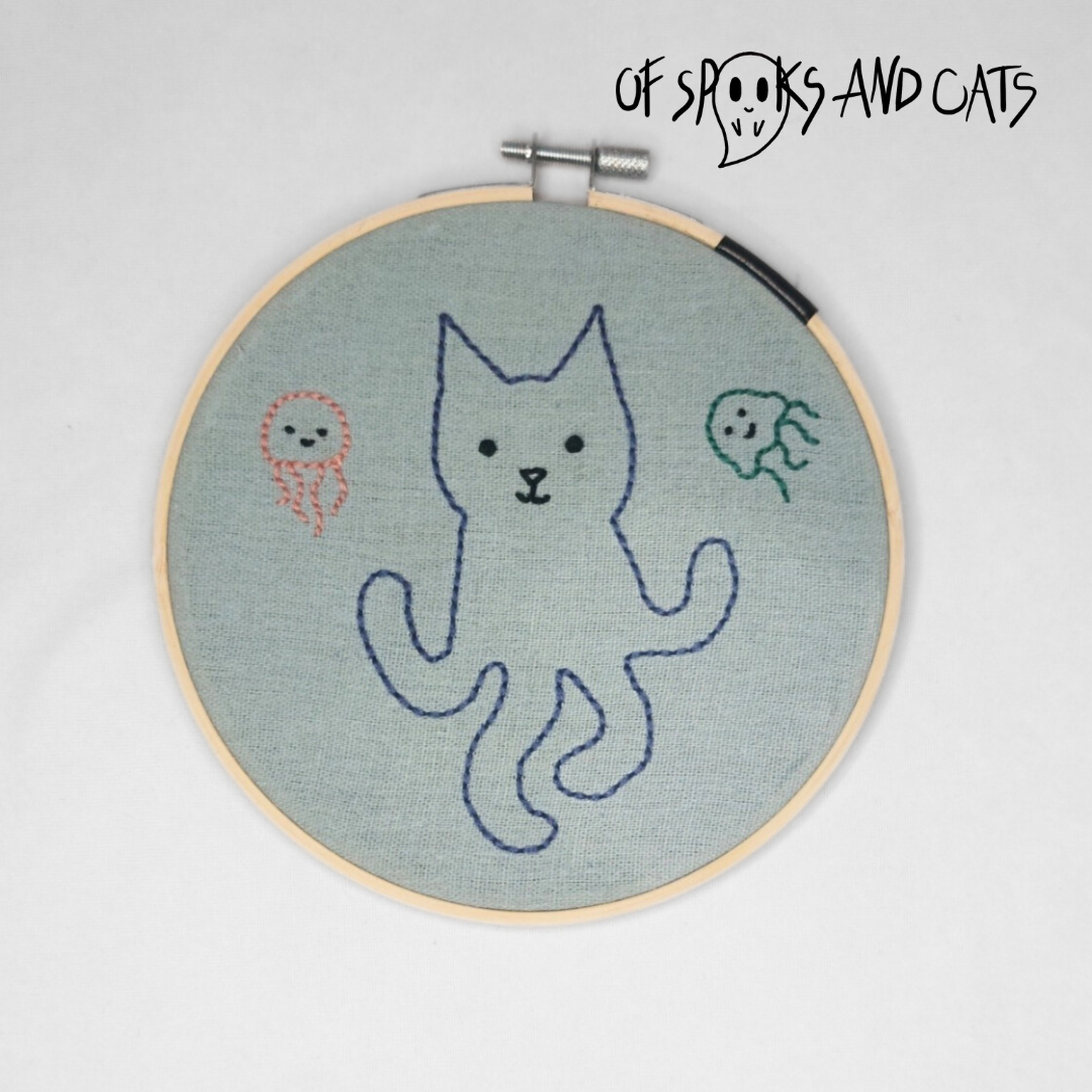 Catopus im Meer - Handgesticktes Bild ⌀16cm