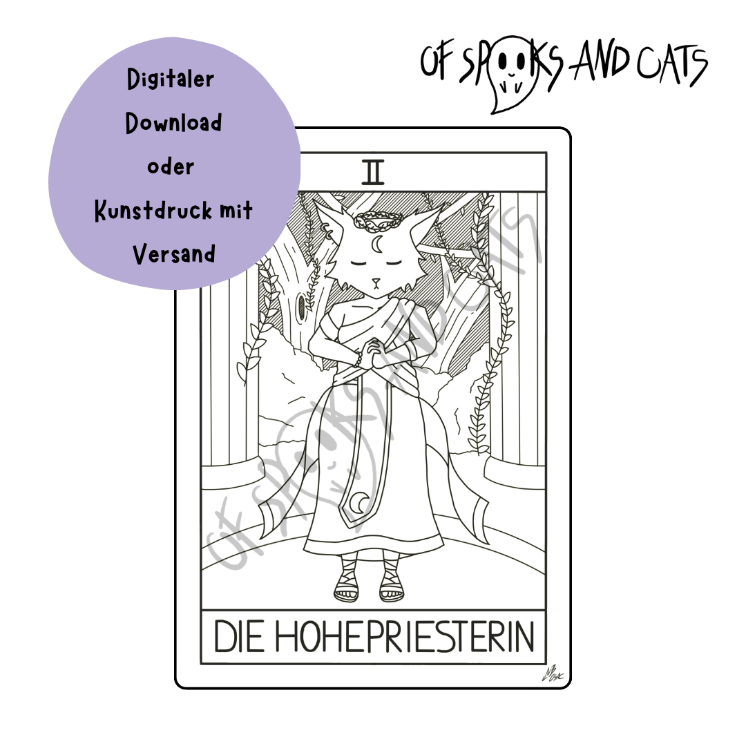 II. Die Hohepriesterin - (Digitaler) Kunstdruck DINA5 - Tarot Heilerin Katze - Große Arkana