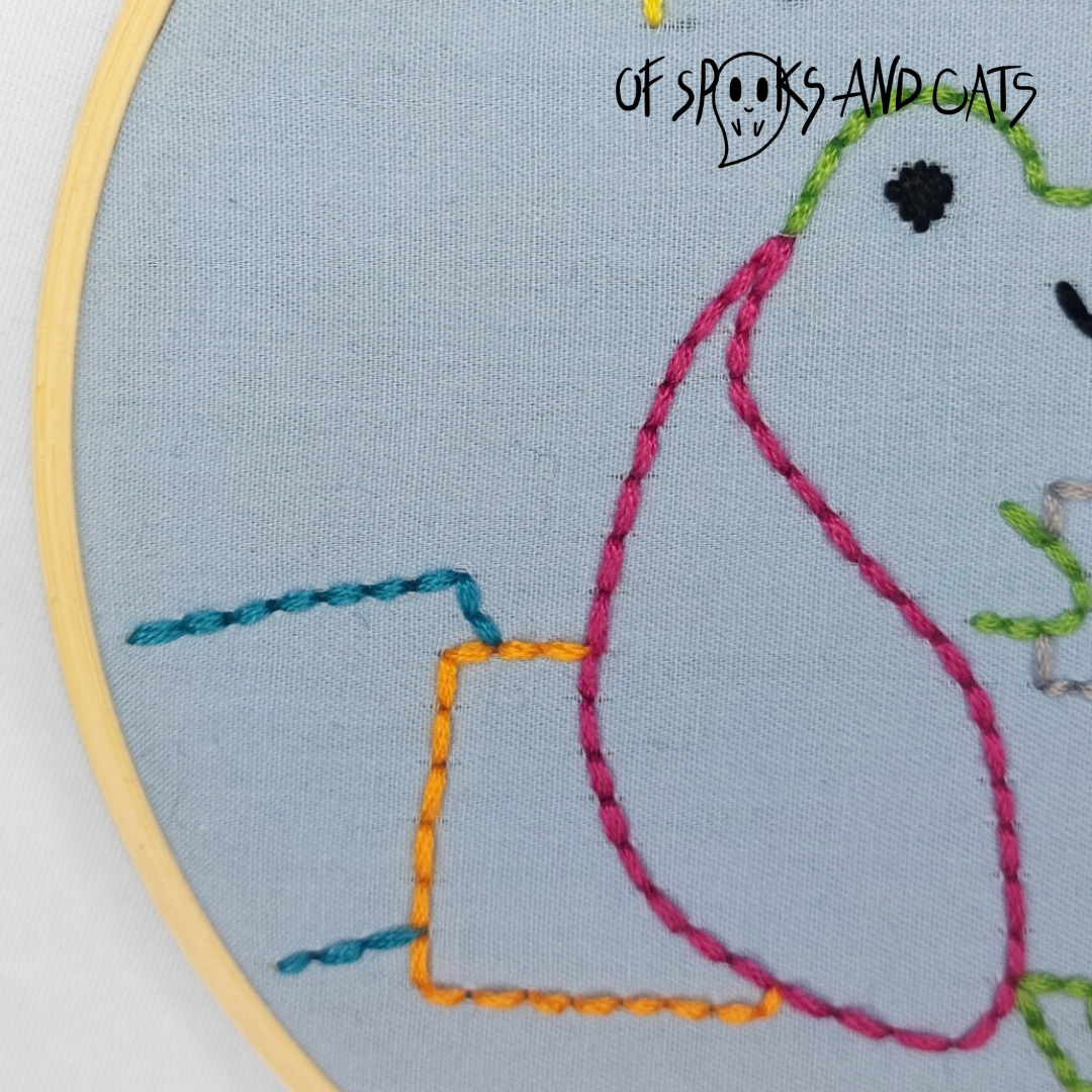 Yuli der Frosch in seiner Kissenburg - Handgesticktes Bild ⌀16cm