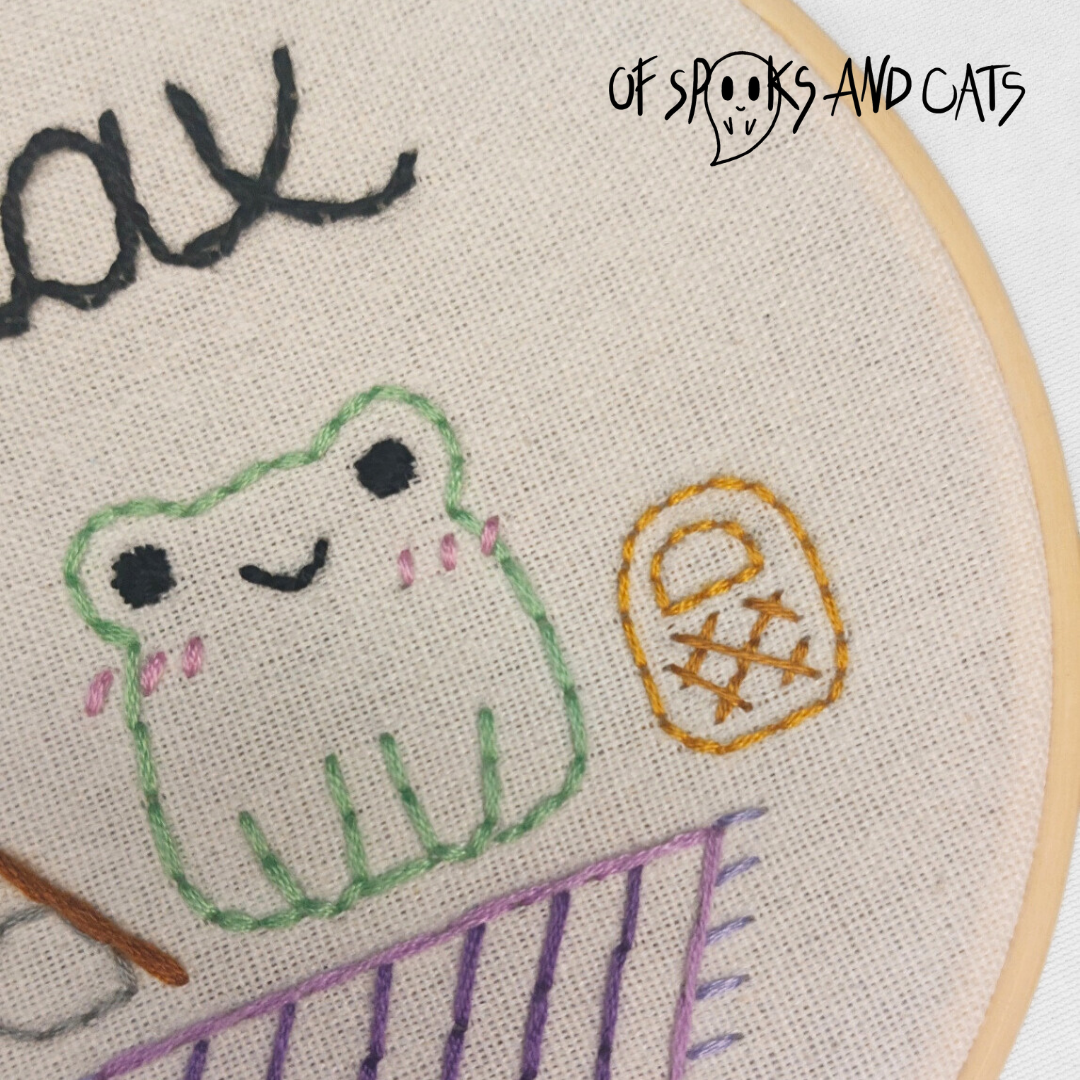 Relax - Angelfrosch - Handgesticktes Bild ⌀16cm