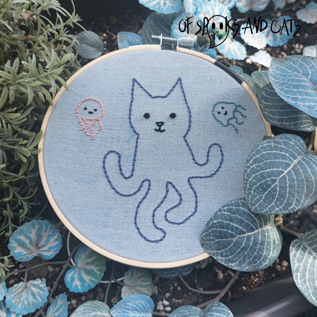 Catopus im Meer - Handgesticktes Bild ⌀16cm