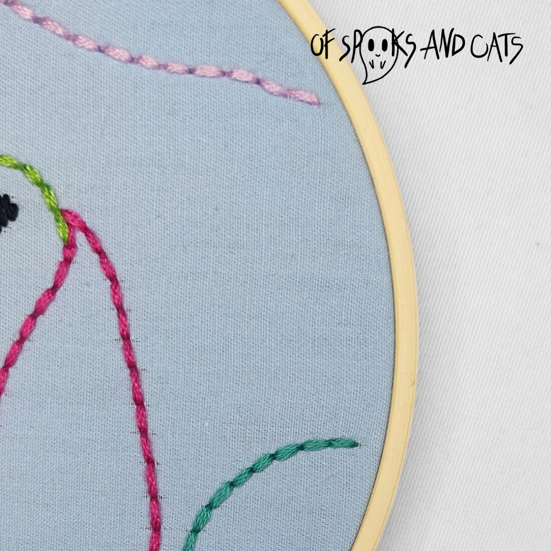 Yuli der Frosch in seiner Kissenburg - Handgesticktes Bild ⌀16cm