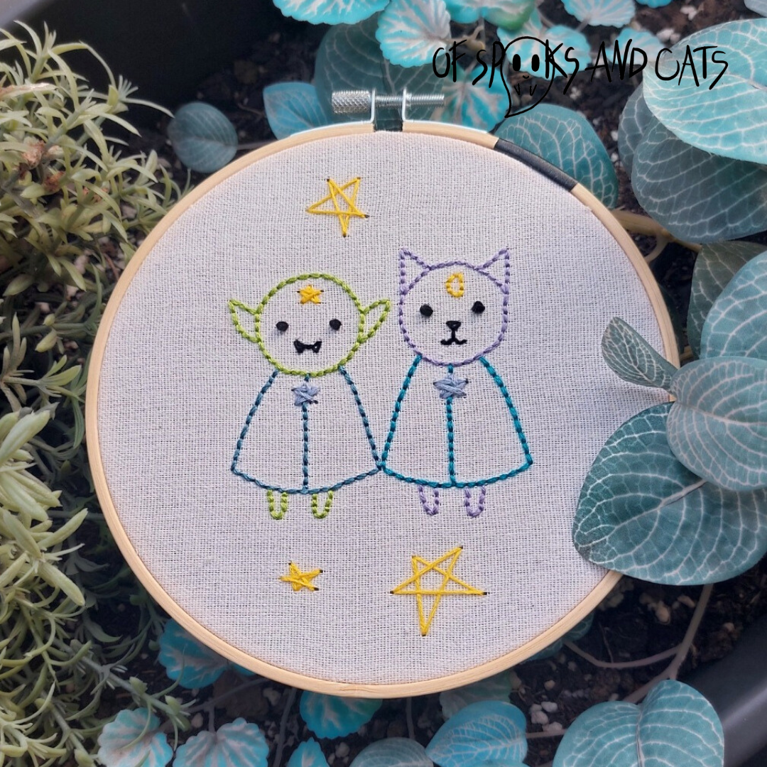 Fips und Luna die Zauberfreunde - Handgesticktes Bild ⌀16cm