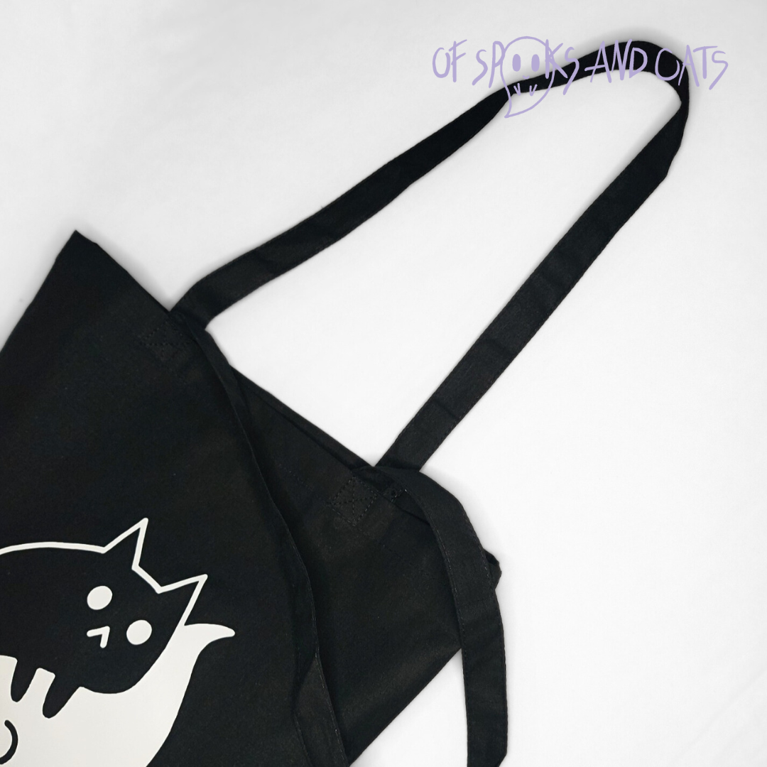 Yin Yang Katze-Geist Baumwolltasche | Einkaufstasche mit langen Henkeln Schwarz