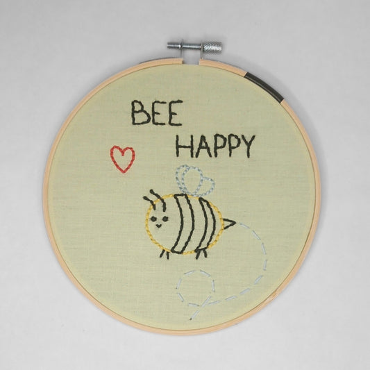 Bee Happy! - Handgesticktes Bild ⌀16cm