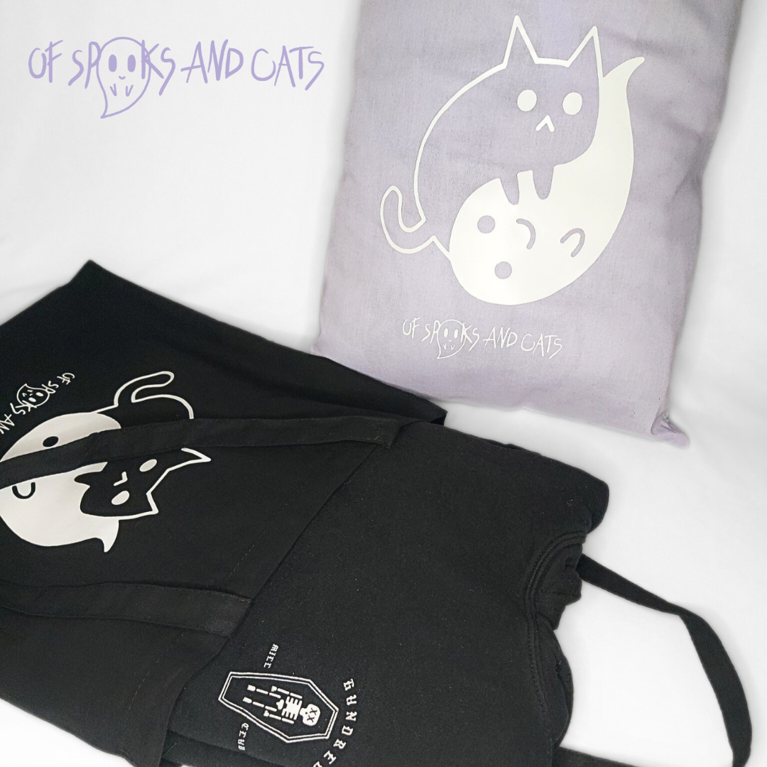 Yin Yang Katze-Geist Baumwolltasche | Einkaufstasche mit langen Henkeln Schwarz