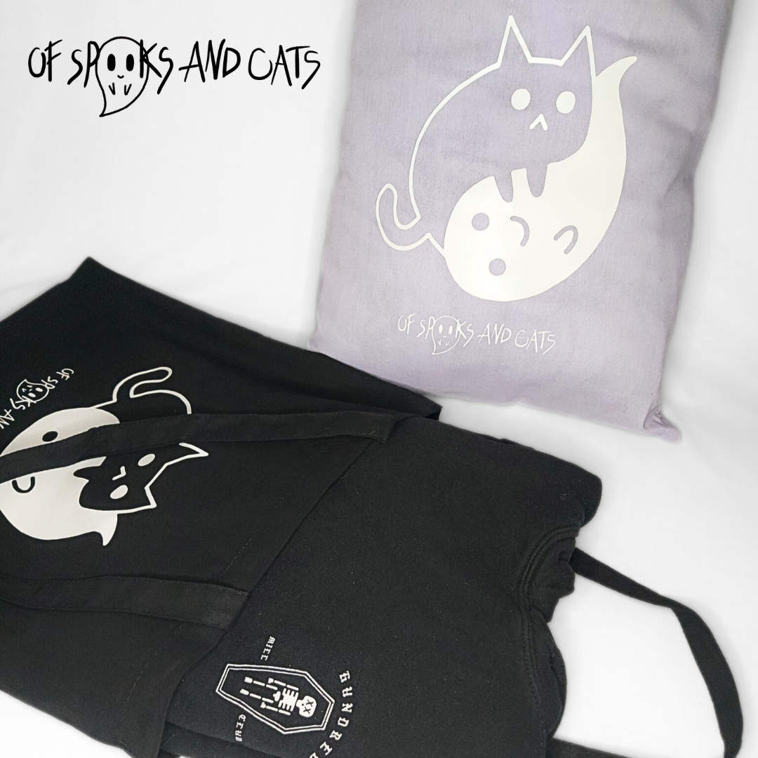 Yin Yang Katze-Geist Baumwolltasche | Einkaufstasche mit langen Henkeln Lavendel