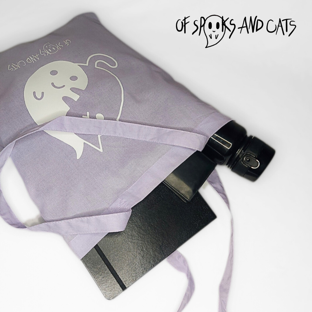 Yin Yang Katze-Geist Baumwolltasche | Einkaufstasche mit langen Henkeln Lavendel