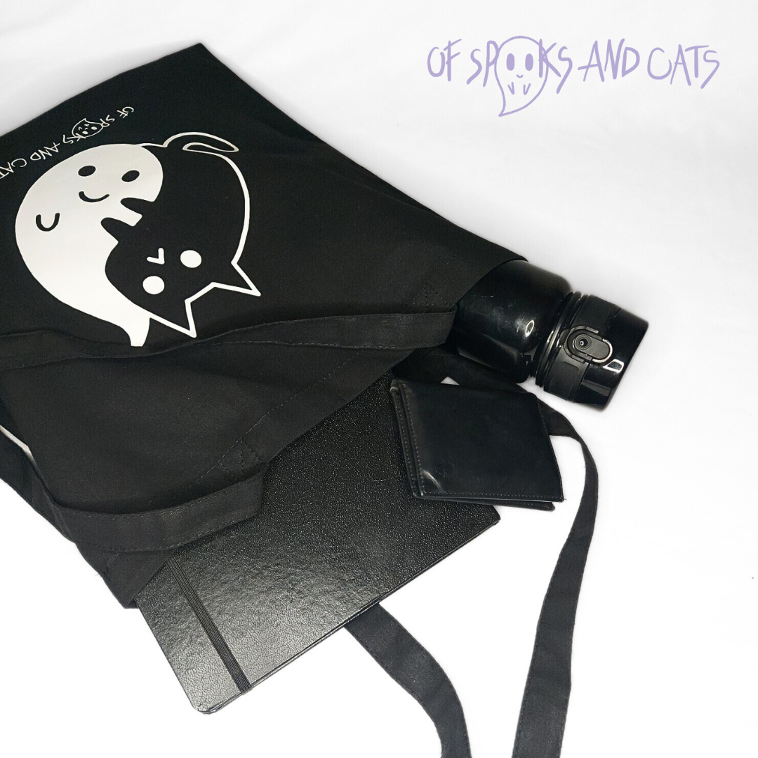 Yin Yang Katze-Geist Baumwolltasche | Einkaufstasche mit langen Henkeln Schwarz