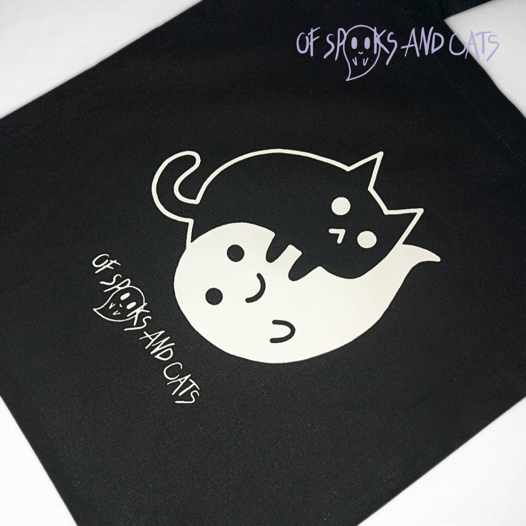 Yin Yang Katze-Geist Baumwolltasche | Einkaufstasche mit langen Henkeln Schwarz