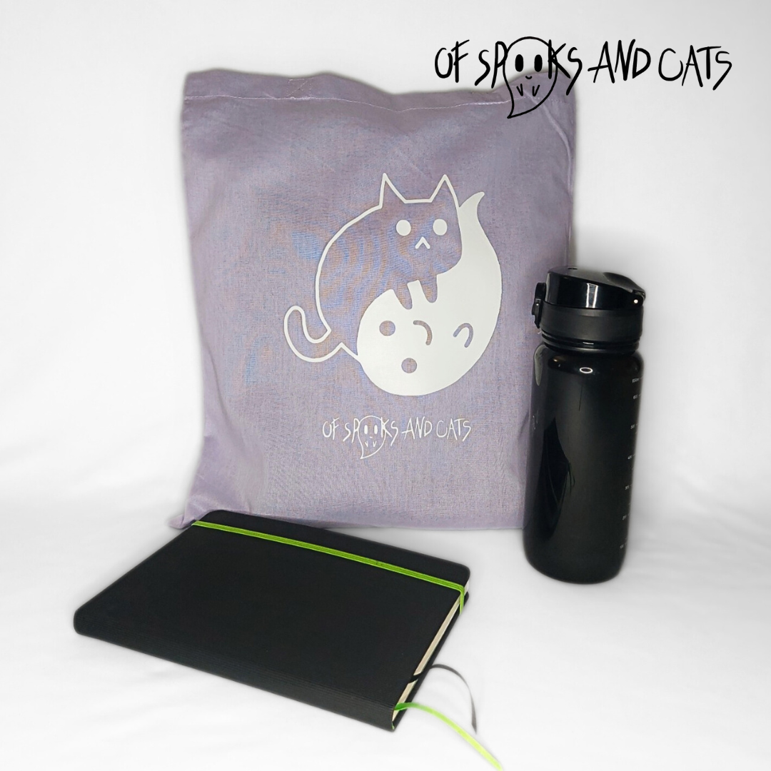 Yin Yang Katze-Geist Baumwolltasche | Einkaufstasche mit langen Henkeln Lavendel