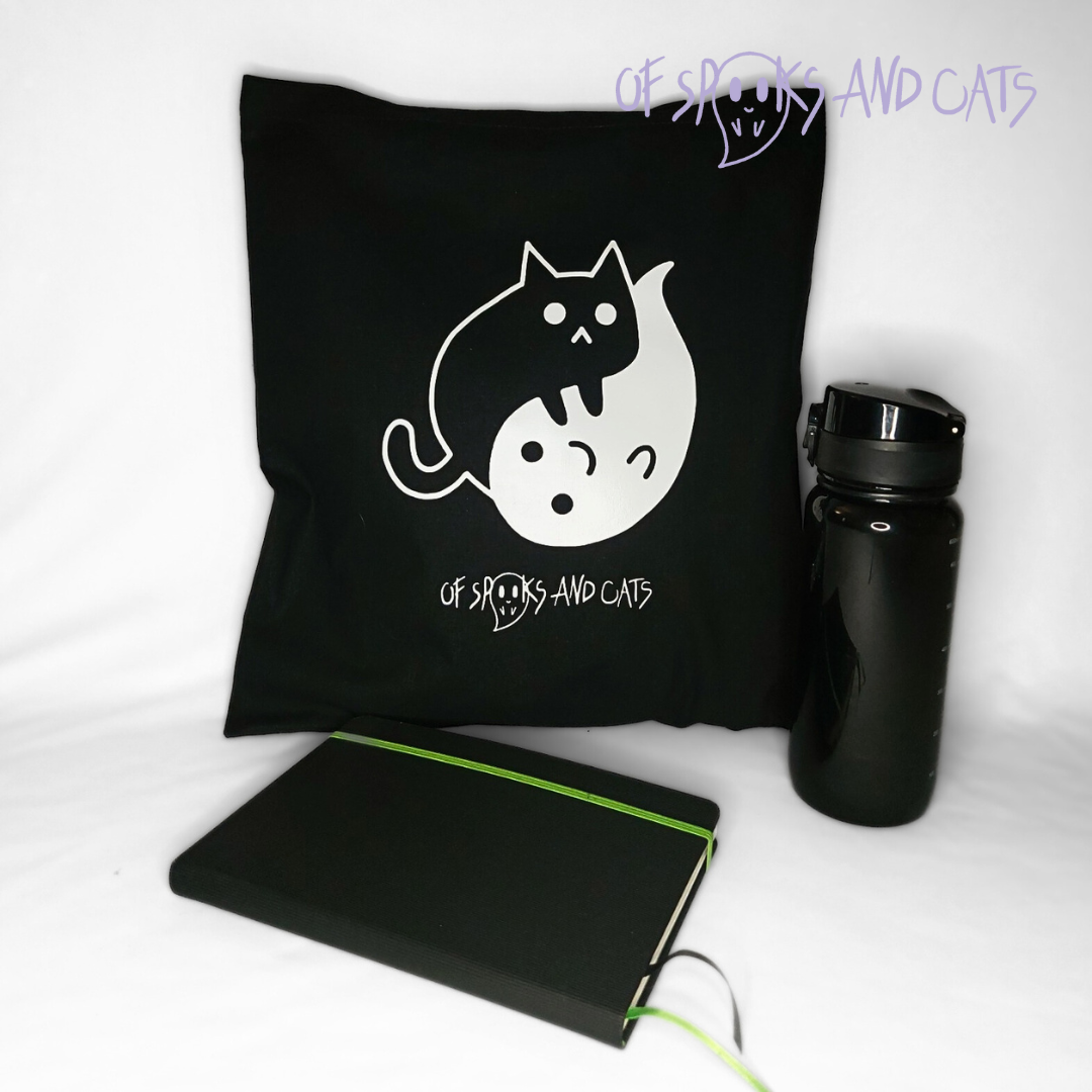 Yin Yang Katze-Geist Baumwolltasche | Einkaufstasche mit langen Henkeln Schwarz