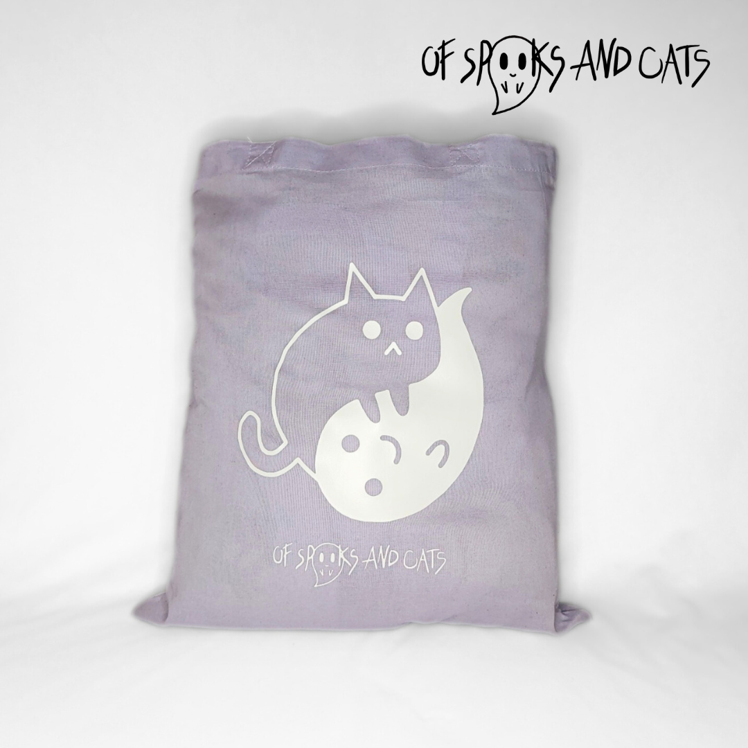 Yin Yang Katze-Geist Baumwolltasche | Einkaufstasche mit langen Henkeln Lavendel