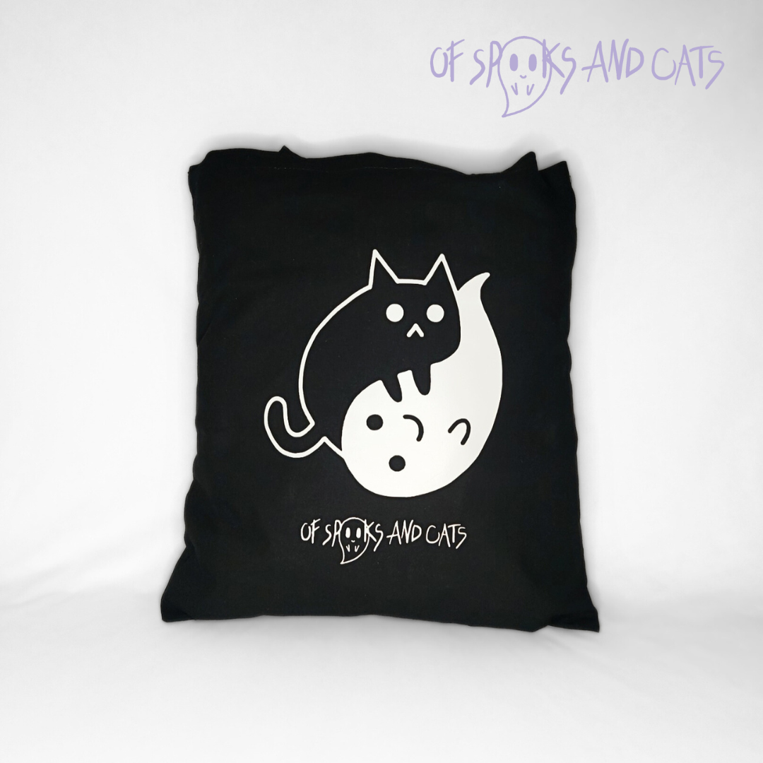 Yin Yang Katze-Geist Baumwolltasche | Einkaufstasche mit langen Henkeln Schwarz