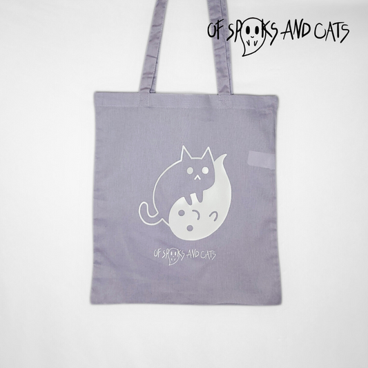 Yin Yang Katze-Geist Baumwolltasche | Einkaufstasche mit langen Henkeln Lavendel