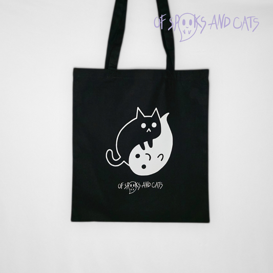 Yin Yang Katze-Geist Baumwolltasche | Einkaufstasche mit langen Henkeln Schwarz